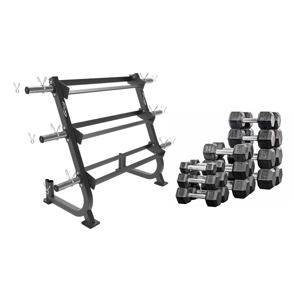 3-Tier Dumbbell Rack + 305kg Rubber Hex Dumbbells & Storage